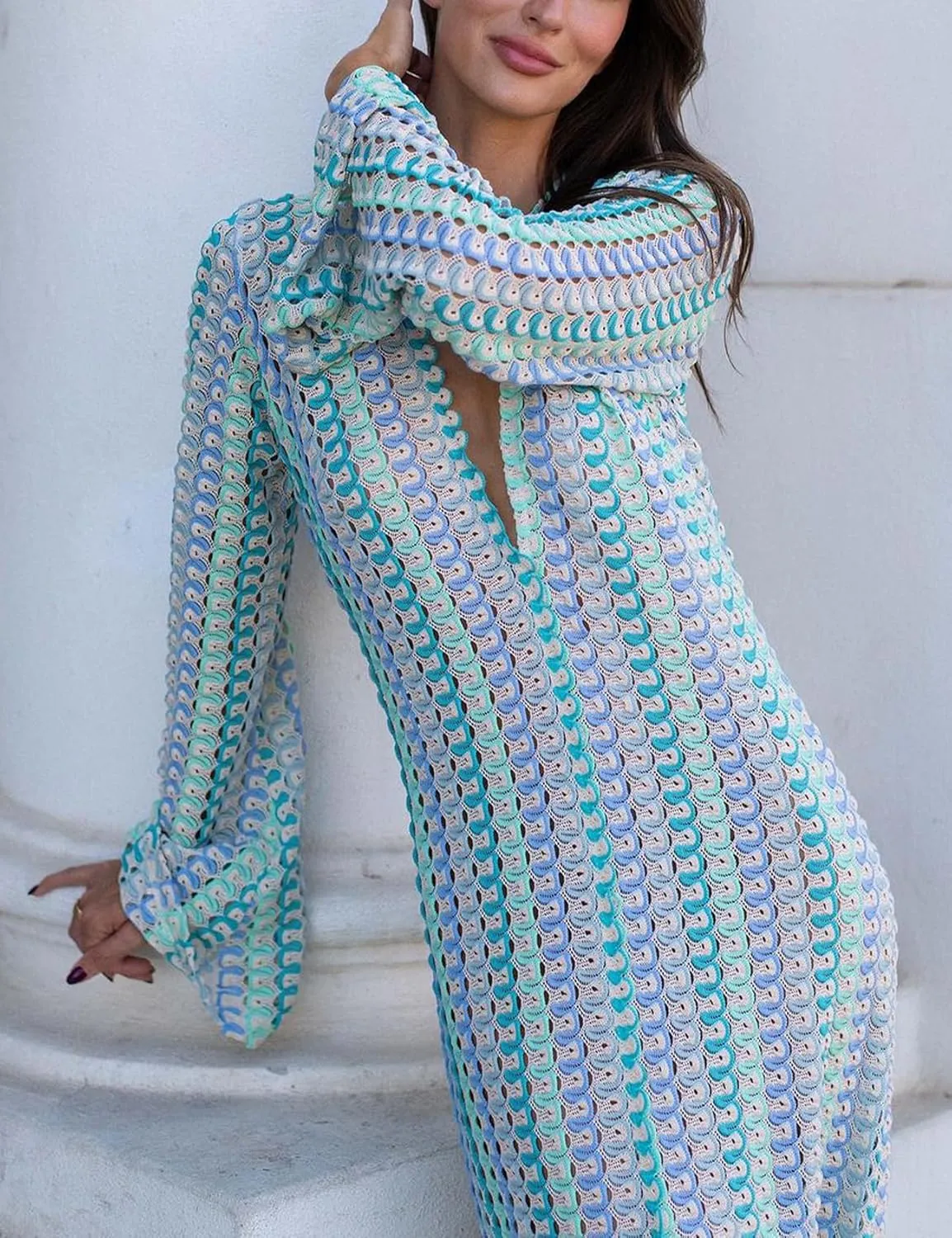 Yimoon Womens Striped Maxi Dress Long Knit Beach Dresses Loose Fit Sexy Summer Contrast Color Side Slit Hollow Out Sundress