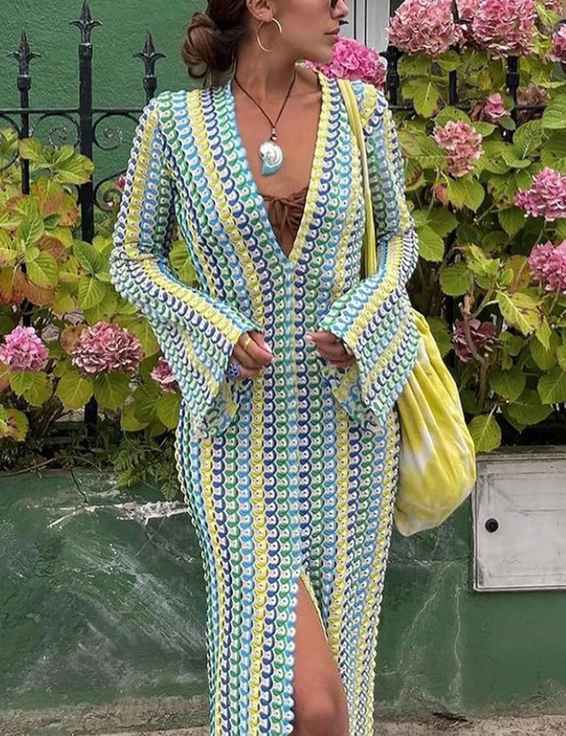 Yimoon Womens Striped Maxi Dress Long Knit Beach Dresses Loose Fit Sexy Summer Contrast Color Side Slit Hollow Out Sundress