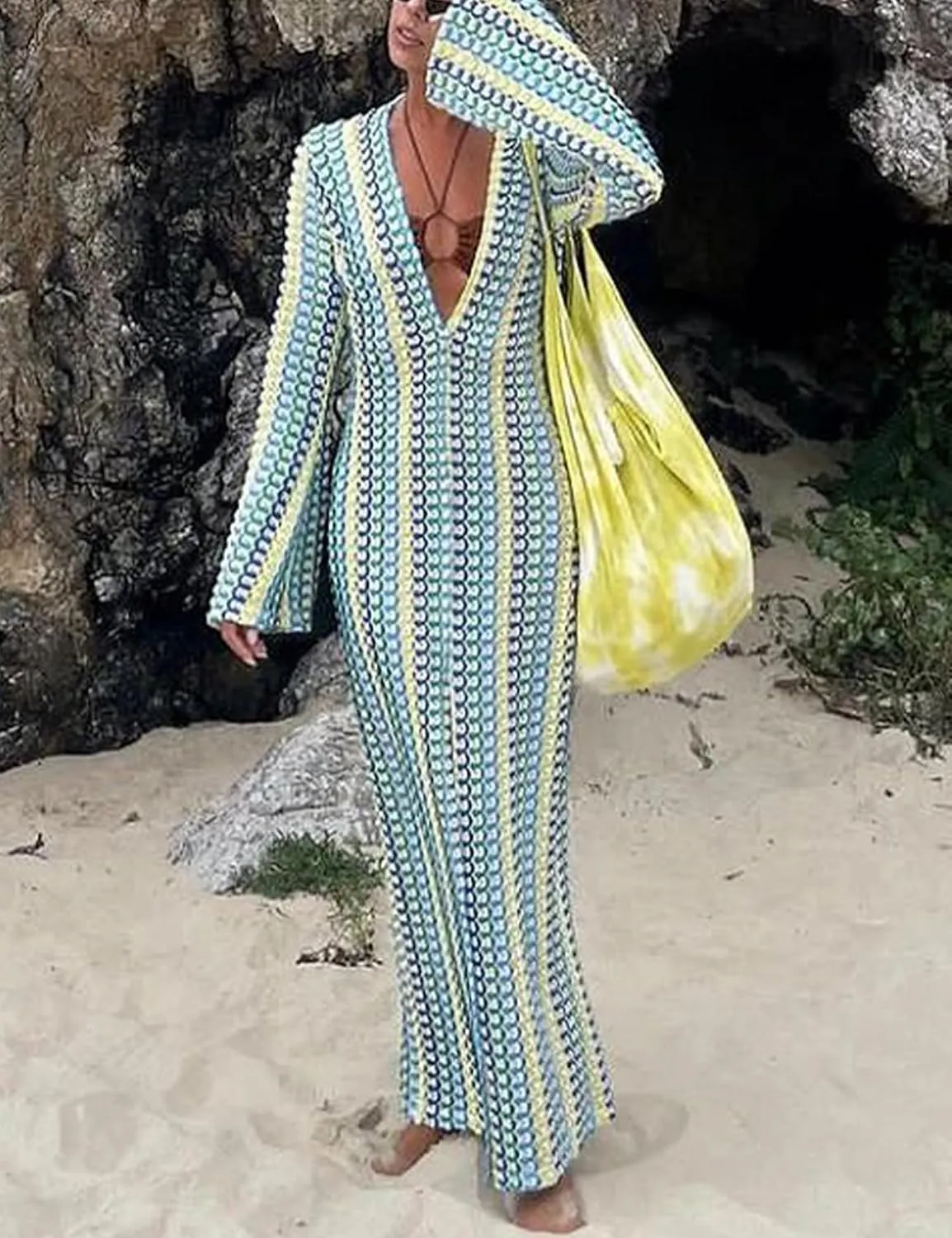 Yimoon Womens Striped Maxi Dress Long Knit Beach Dresses Loose Fit Sexy Summer Contrast Color Side Slit Hollow Out Sundress