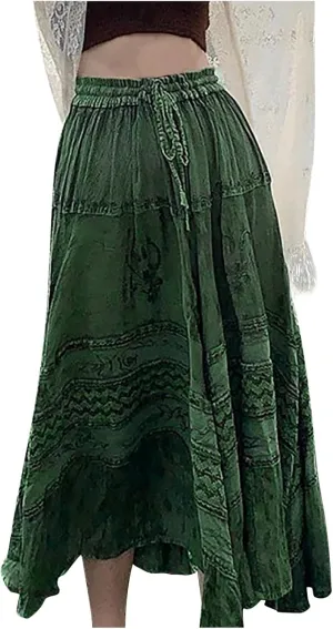 YOLAI Fashion Women's Summer Elastic Waist Maxi Skirts Boho A Line Flowy Long Skirts with Pockets Drawstring Casual Dress