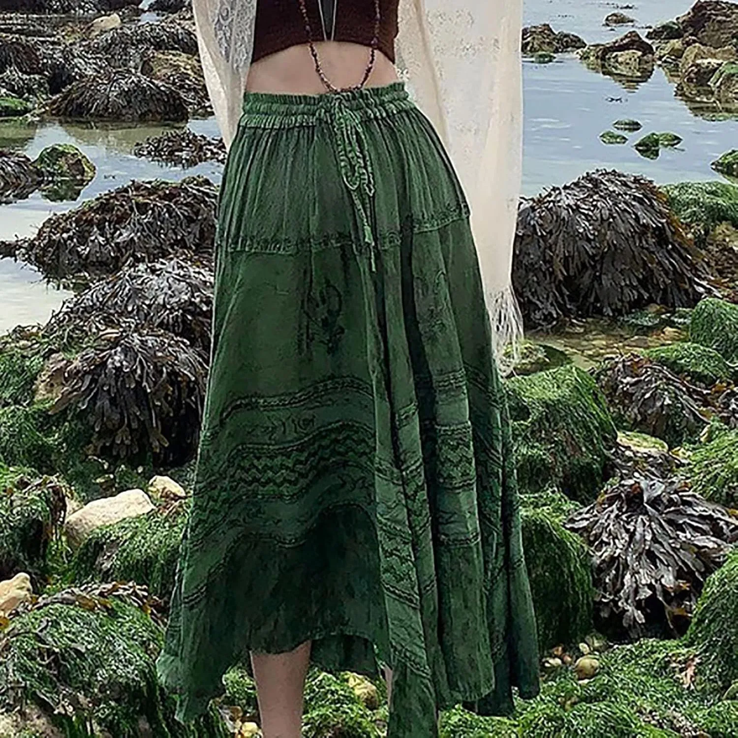 YOLAI Fashion Women's Summer Elastic Waist Maxi Skirts Boho A Line Flowy Long Skirts with Pockets Drawstring Casual Dress
