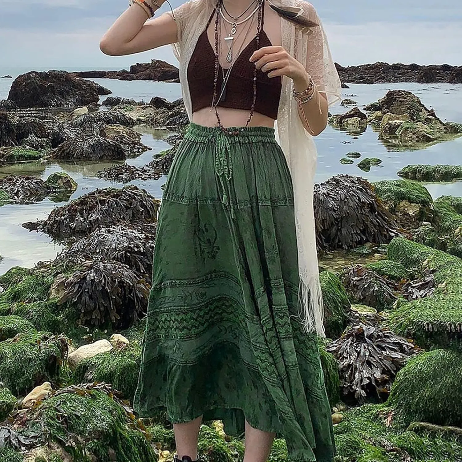 YOLAI Fashion Women's Summer Elastic Waist Maxi Skirts Boho A Line Flowy Long Skirts with Pockets Drawstring Casual Dress