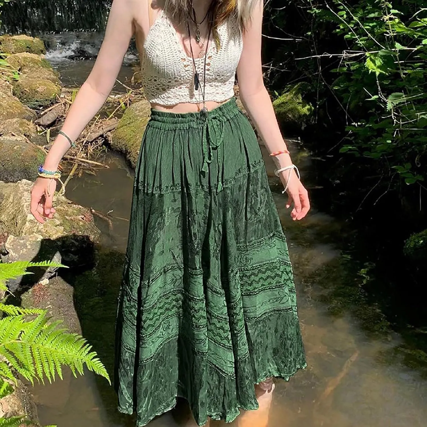 YOLAI Fashion Women's Summer Elastic Waist Maxi Skirts Boho A Line Flowy Long Skirts with Pockets Drawstring Casual Dress