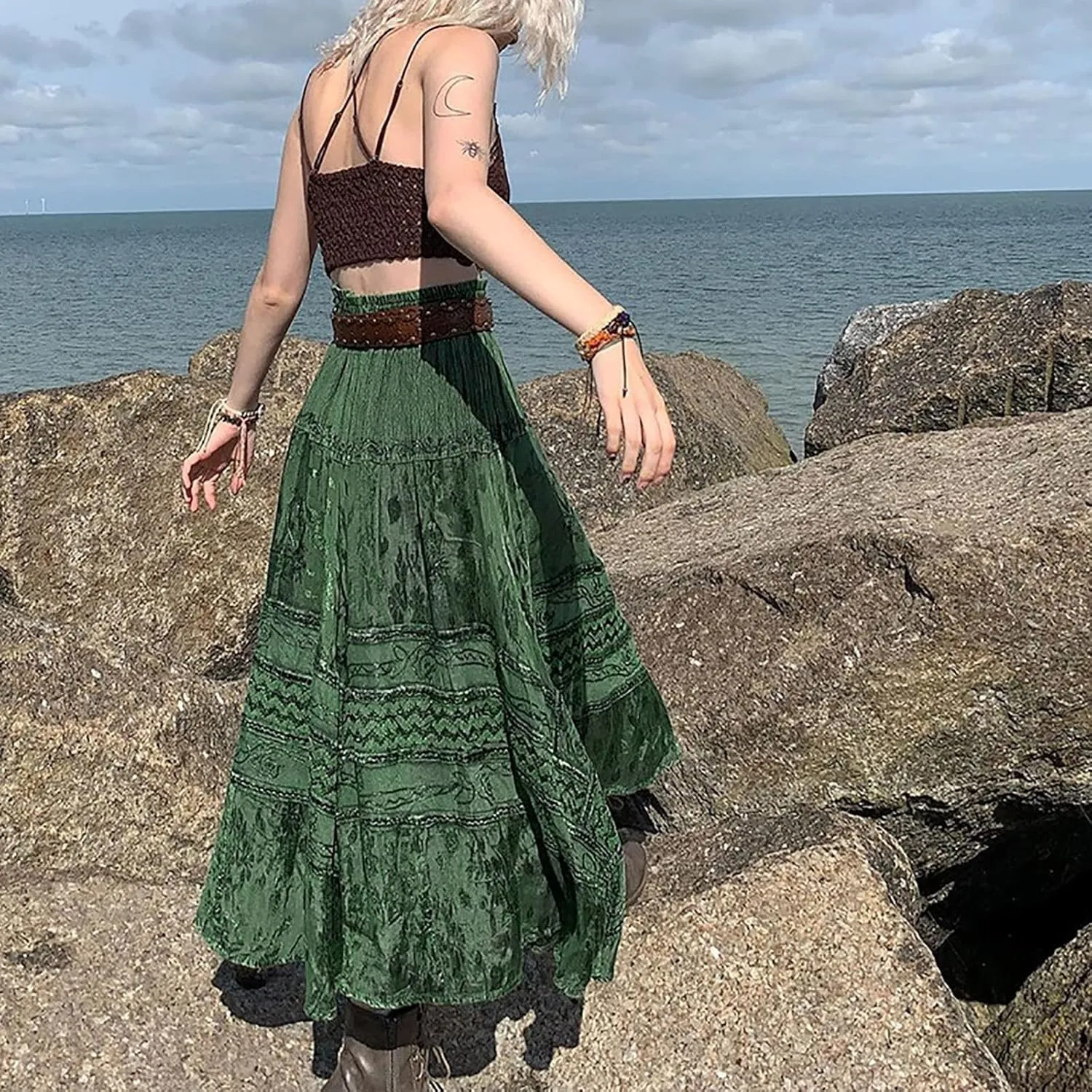 YOLAI Fashion Women's Summer Elastic Waist Maxi Skirts Boho A Line Flowy Long Skirts with Pockets Drawstring Casual Dress