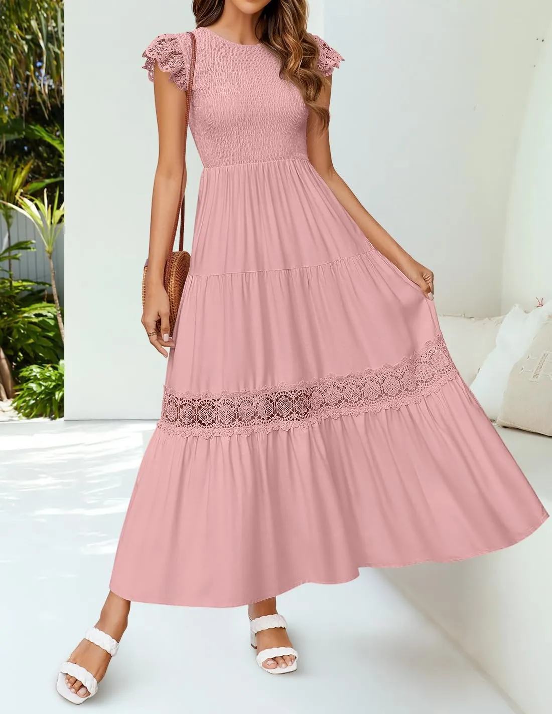 ZESICA Women's Casual Crew Neck Flutter Sleeve Smocked High Waist Hollow Out Lace Trim Tiered A Line Midi Dress
