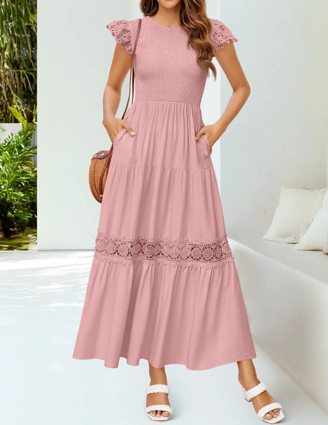 ZESICA Women's Casual Crew Neck Flutter Sleeve Smocked High Waist Hollow Out Lace Trim Tiered A Line Midi Dress
