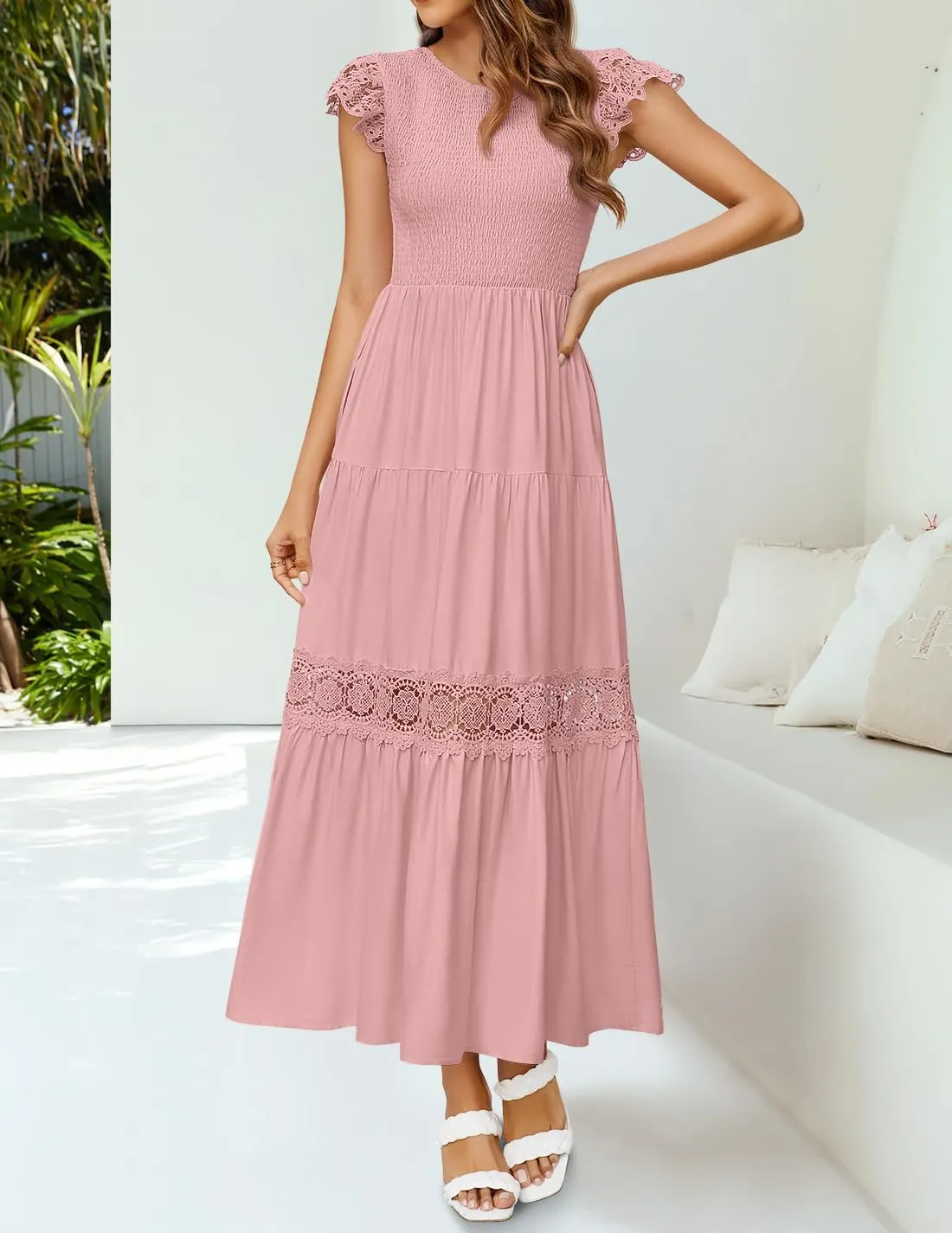 ZESICA Women's Casual Crew Neck Flutter Sleeve Smocked High Waist Hollow Out Lace Trim Tiered A Line Midi Dress