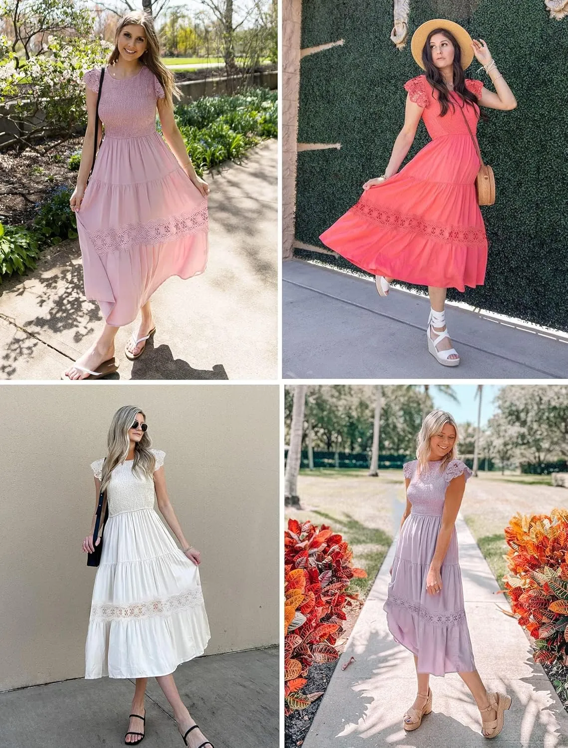 ZESICA Women's Casual Crew Neck Flutter Sleeve Smocked High Waist Hollow Out Lace Trim Tiered A Line Midi Dress