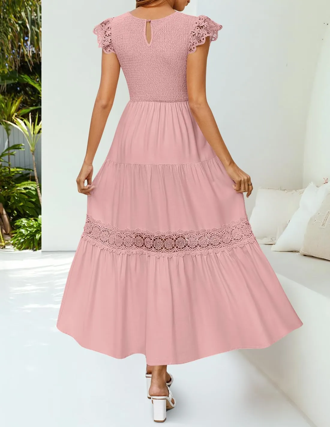 ZESICA Women's Casual Crew Neck Flutter Sleeve Smocked High Waist Hollow Out Lace Trim Tiered A Line Midi Dress