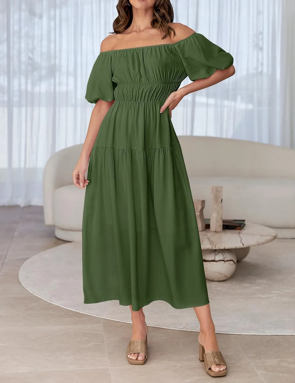 ZESICA Women's Sexy Boho Off Shoulder Puff Short Sleeve High Waist Ruffled Flowy A Line Beach Party Midi Dress