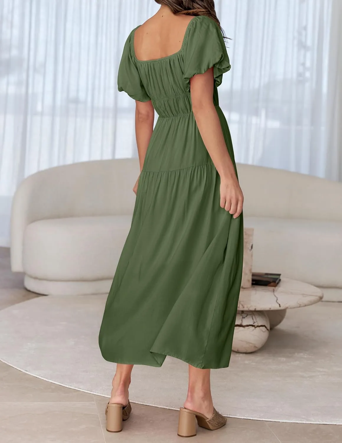 ZESICA Women's Sexy Boho Off Shoulder Puff Short Sleeve High Waist Ruffled Flowy A Line Beach Party Midi Dress