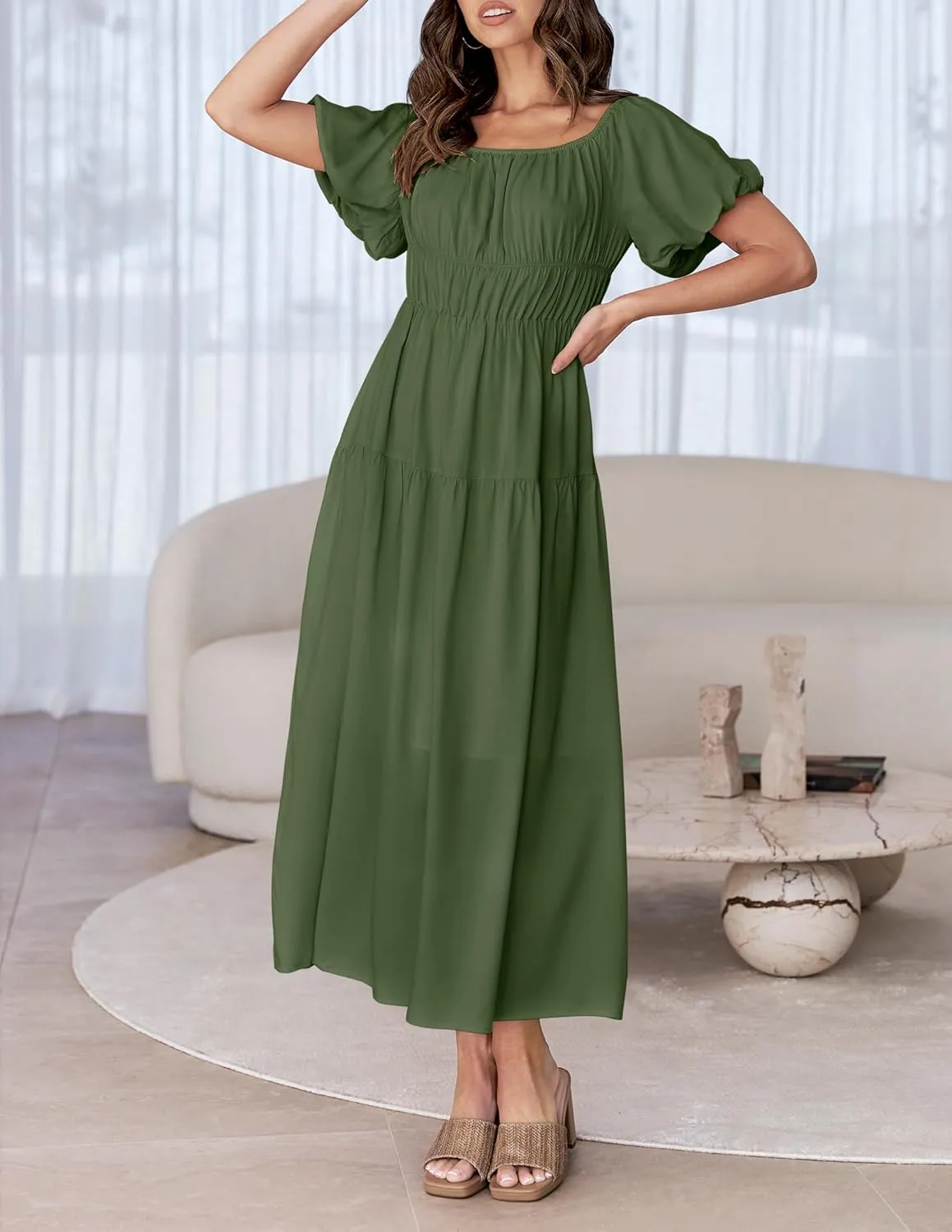 ZESICA Women's Sexy Boho Off Shoulder Puff Short Sleeve High Waist Ruffled Flowy A Line Beach Party Midi Dress