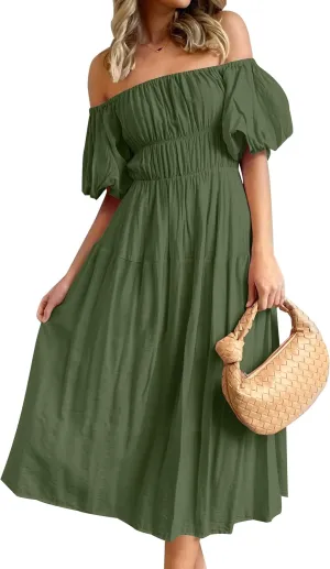 ZESICA Women's Sexy Boho Off Shoulder Puff Short Sleeve High Waist Ruffled Flowy A Line Beach Party Midi Dress