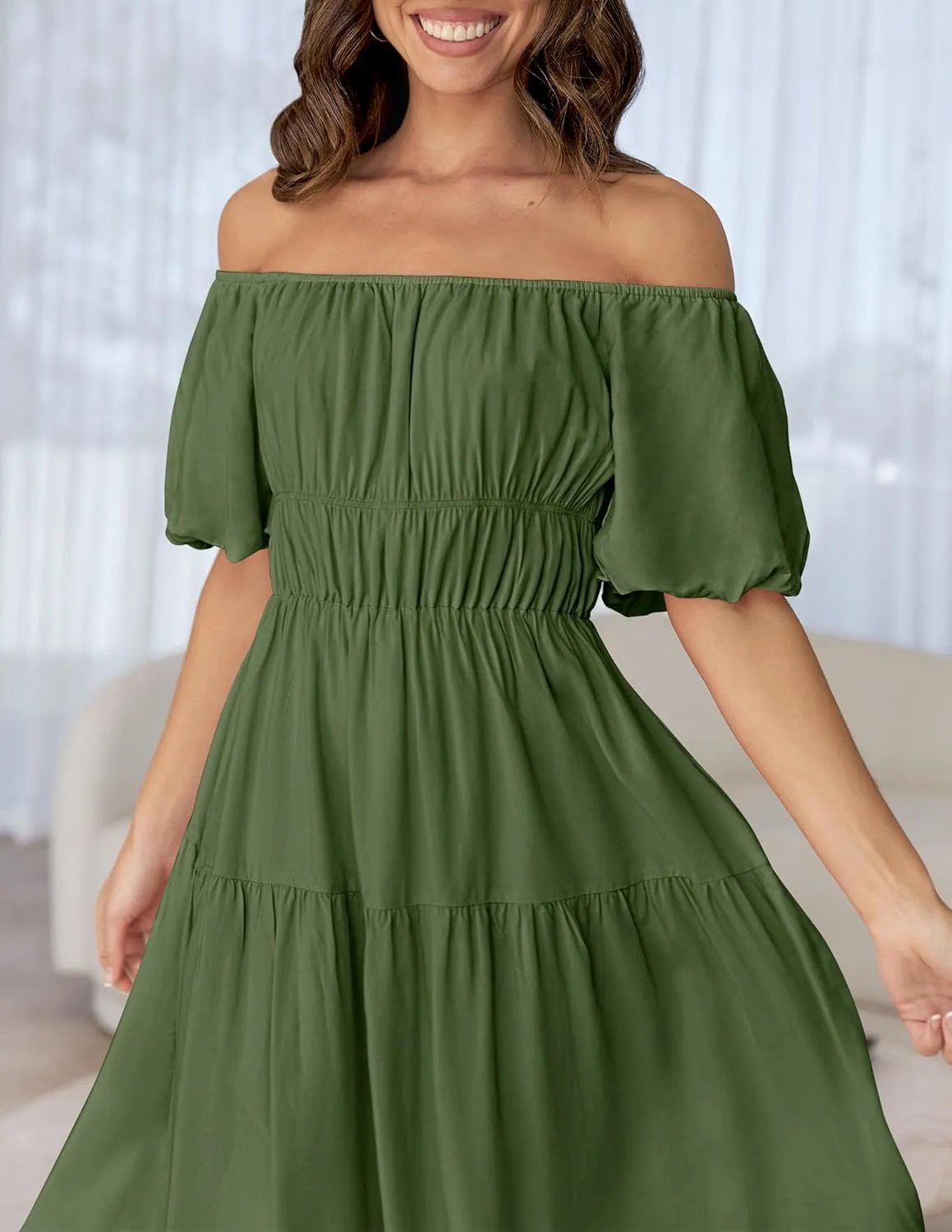 ZESICA Women's Sexy Boho Off Shoulder Puff Short Sleeve High Waist Ruffled Flowy A Line Beach Party Midi Dress