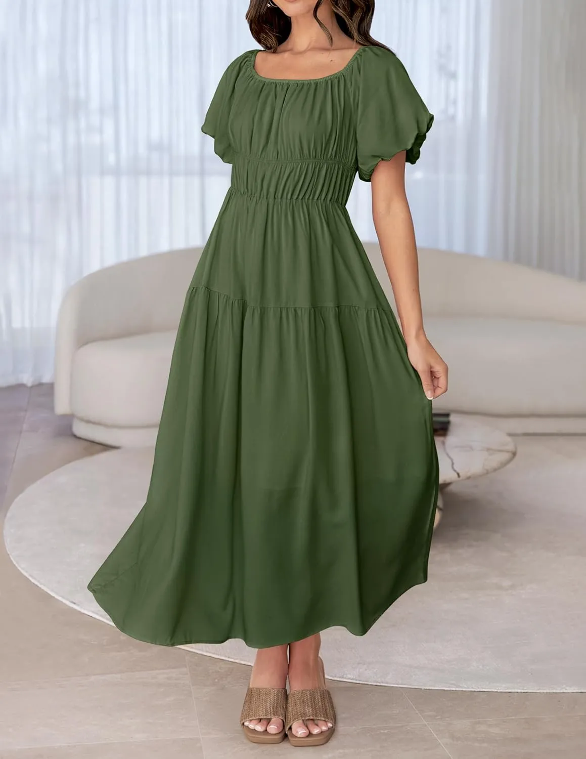 ZESICA Women's Sexy Boho Off Shoulder Puff Short Sleeve High Waist Ruffled Flowy A Line Beach Party Midi Dress