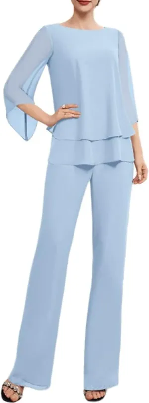 Zongqiven Womens Dressy Pant Suit Wedding Evening Outfits 2 Piece Chiffon Formal Pantsuits
